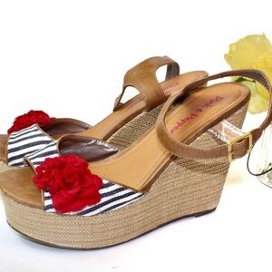 Pink & Pepper Wedge Sandals Striped Canvas Espadrille Floral Platform Size 10